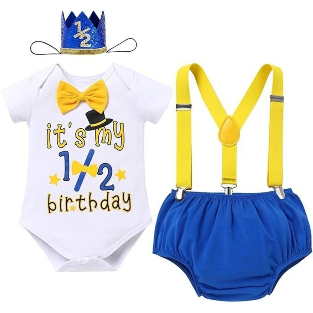 IBTOM CASTLE Baby Boys Half Birthday Cake Smash Outfit Short Sleeve 4pcs - Picture 1 of 9